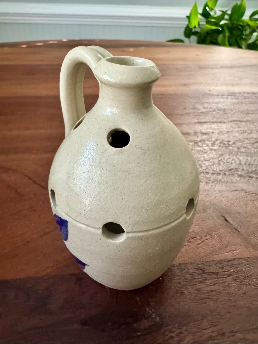 Vintage Williamsburg Pottery Blue/Gray Salt Glaze Flower Frog Vase w/ 9 holes